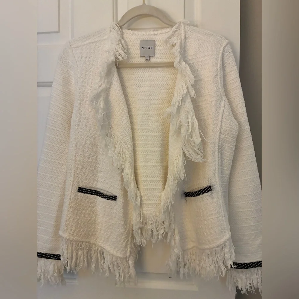Mic & Zoe Statement Fringe Mix Knit Jacket in Classic Cream White‎ Sz PL